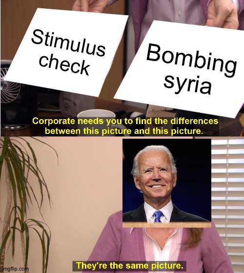 Priorities man | Stimulus check; Bombing syria | image tagged in memes,they're the same picture,politics,biden | made w/ Imgflip meme maker