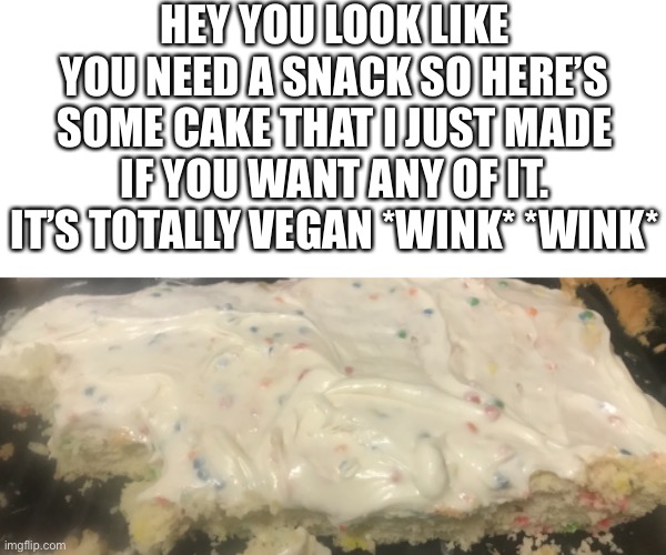 Hey you stop. I’ve got cake | HEY YOU LOOK LIKE YOU NEED A SNACK SO HERE’S SOME CAKE THAT I JUST MADE IF YOU WANT ANY OF IT. IT’S TOTALLY VEGAN *WINK* *WINK* | image tagged in fun,memes,cake,nice | made w/ Imgflip meme maker