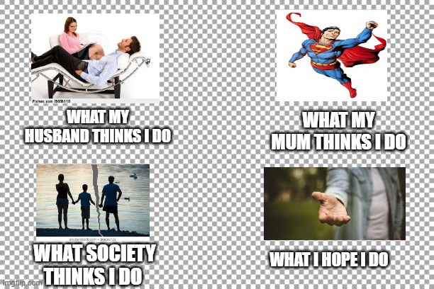 Free | WHAT MY HUSBAND THINKS I DO; WHAT MY MUM THINKS I DO; WHAT SOCIETY THINKS I DO; WHAT I HOPE I DO | image tagged in free | made w/ Imgflip meme maker