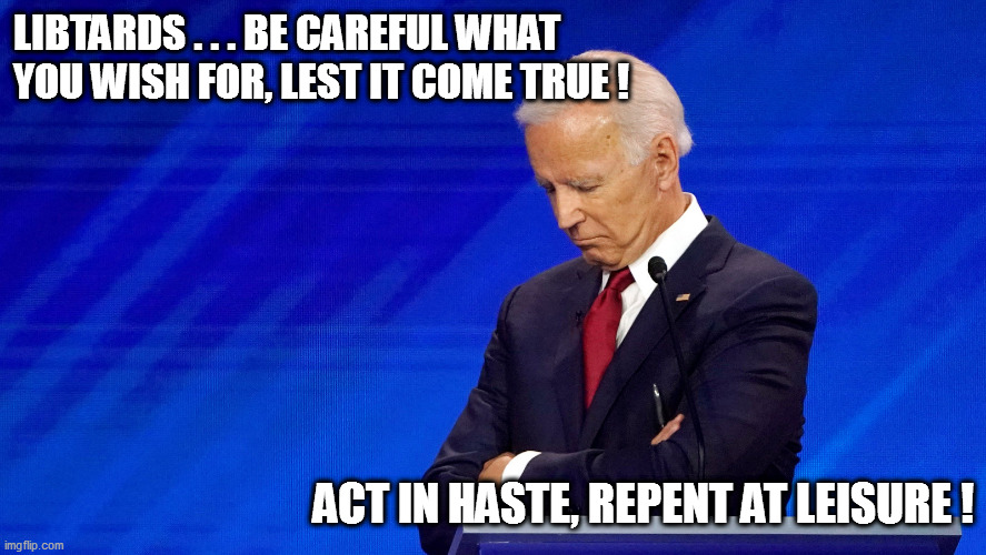 Bad choices = bad consequences. | LIBTARDS . . . BE CAREFUL WHAT YOU WISH FOR, LEST IT COME TRUE ! ACT IN HASTE, REPENT AT LEISURE ! | image tagged in biden,libtardation | made w/ Imgflip meme maker