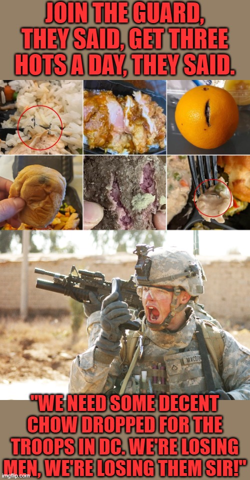 First they had to sleep on the cold hard marble floors, now this! | JOIN THE GUARD, THEY SAID, GET THREE HOTS A DAY, THEY SAID. "WE NEED SOME DECENT CHOW DROPPED FOR THE TROOPS IN DC. WE'RE LOSING MEN, WE'RE LOSING THEM SIR!" | image tagged in national guard food,us army soldier yelling radio iraq war,travesty | made w/ Imgflip meme maker