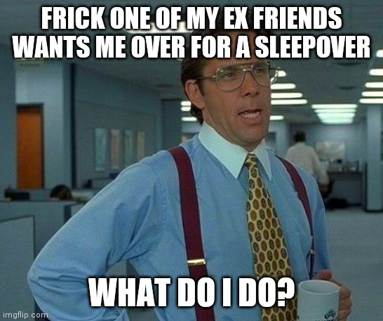 That Would Be Great Meme | FRICK ONE OF MY EX FRIENDS WANTS ME OVER FOR A SLEEPOVER; WHAT DO I DO? | image tagged in memes,that would be great | made w/ Imgflip meme maker