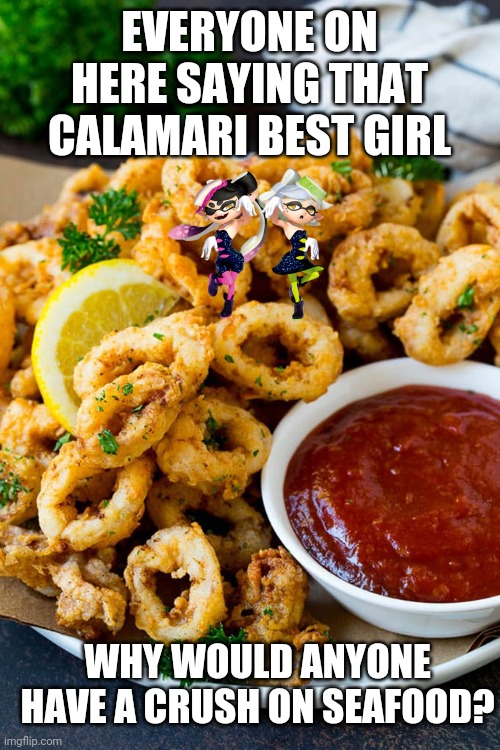 Yeah, why would you? |  EVERYONE ON HERE SAYING THAT CALAMARI BEST GIRL; WHY WOULD ANYONE HAVE A CRUSH ON SEAFOOD? | image tagged in splatoon | made w/ Imgflip meme maker