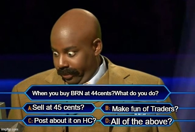 Who wants to be a millionaire? | When you buy BRN at 44cents?What do you do? Sell at 45 cents? Make fun of Traders? Post about it on HC? All of the above? | image tagged in who wants to be a millionaire | made w/ Imgflip meme maker