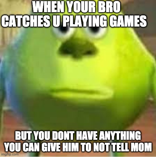 what | WHEN YOUR BRO CATCHES U PLAYING GAMES; BUT YOU DONT HAVE ANYTHING YOU CAN GIVE HIM TO NOT TELL MOM | image tagged in lol so funny | made w/ Imgflip meme maker