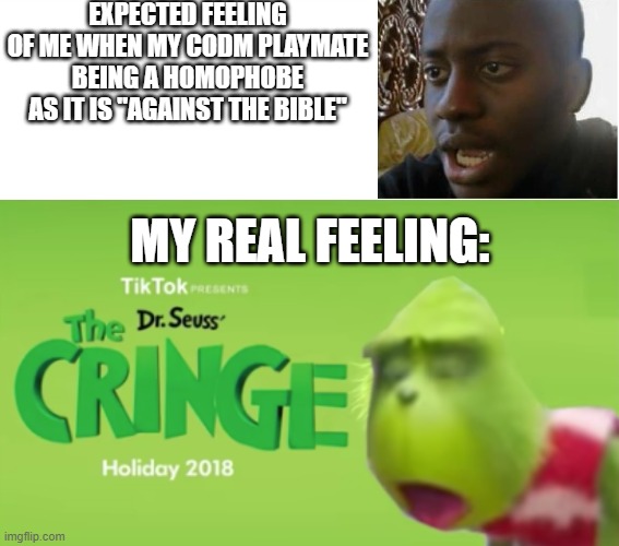 Walked into the stream at the right time, I had an affair with a homophobe | EXPECTED FEELING OF ME WHEN MY CODM PLAYMATE BEING A HOMOPHOBE AS IT IS "AGAINST THE BIBLE"; MY REAL FEELING: | image tagged in disappointed black guy,dr seuss' the cringe | made w/ Imgflip meme maker