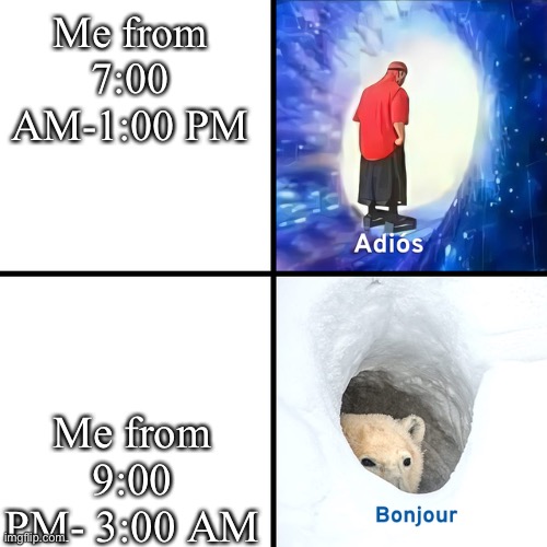 Adios Bonjour | Me from 7:00 AM-1:00 PM; Me from 9:00 PM- 3:00 AM | image tagged in adios bonjour | made w/ Imgflip meme maker