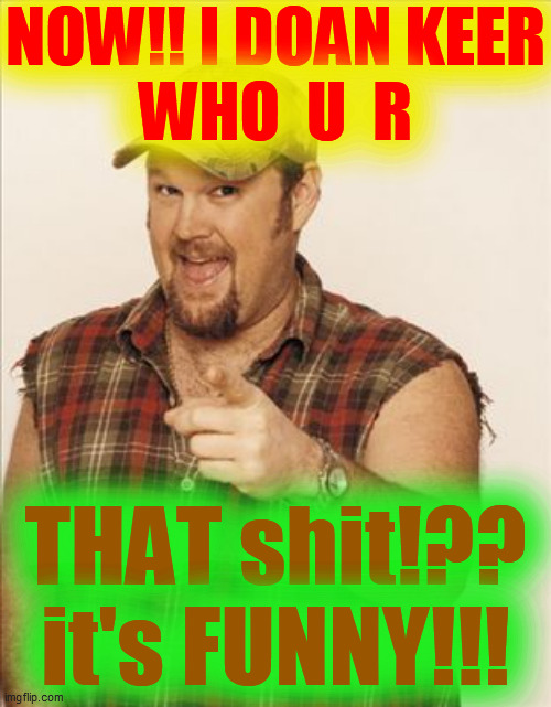 Larry The Cable Guy | NOW!! I DOAN KEER
WHO  U  R THAT shit!??
it's FUNNY!!! | image tagged in larry the cable guy | made w/ Imgflip meme maker