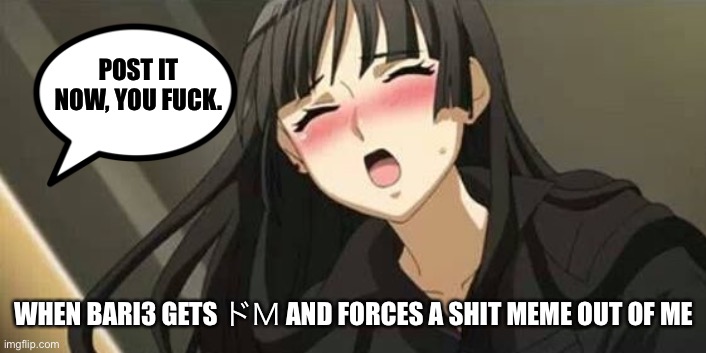 Anime blushing | POST IT NOW, YOU FUCK. WHEN BARI3 GETS ドＭ AND FORCES A SHIT MEME OUT OF ME | image tagged in anime blushing | made w/ Imgflip meme maker
