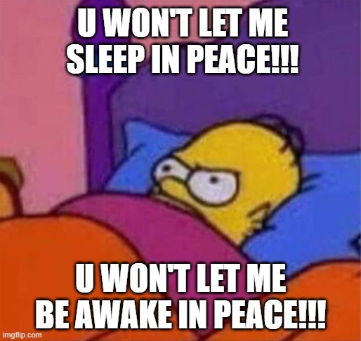 simpson meme | U WON'T LET ME SLEEP IN PEACE!!! U WON'T LET ME BE AWAKE IN PEACE!!! | image tagged in angry homer simpson in bed | made w/ Imgflip meme maker
