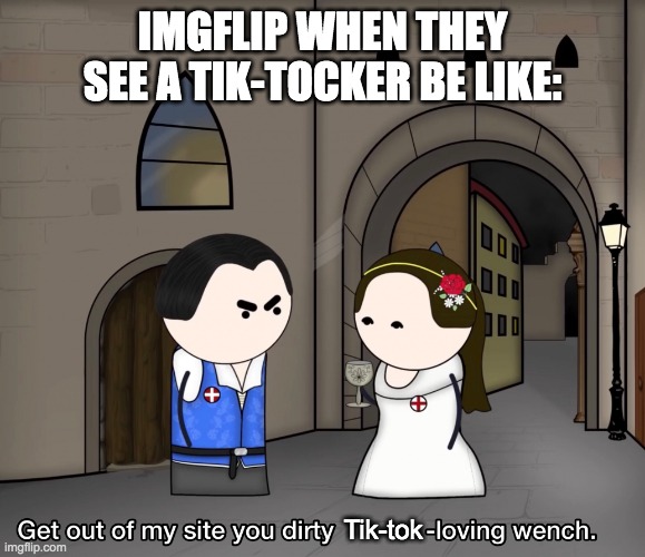 oversimplified get out of my site you dirty pope loving wench | IMGFLIP WHEN THEY SEE A TIK-TOCKER BE LIKE:; Tik-tok | image tagged in oversimplified get out of my site you dirty pope loving wench,tik tok sucks,tik tok,memes,imgflip | made w/ Imgflip meme maker
