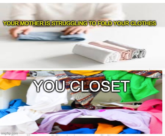 closet | YOUR MOTHER IS STRUGGLING TO FOLD YOUR CLOTHES; YOU CLOSET | image tagged in funny | made w/ Imgflip meme maker