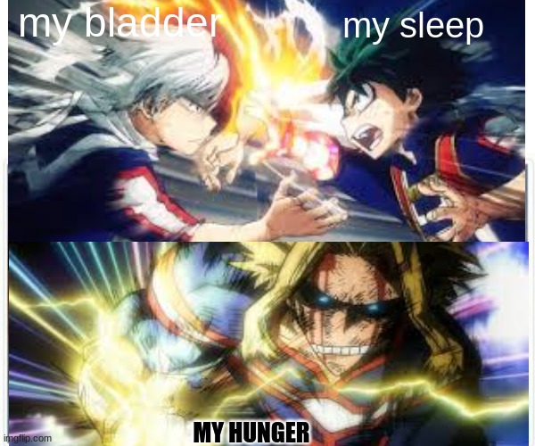 my bladder; my sleep; MY HUNGER | image tagged in my hero academia,anime meme | made w/ Imgflip meme maker