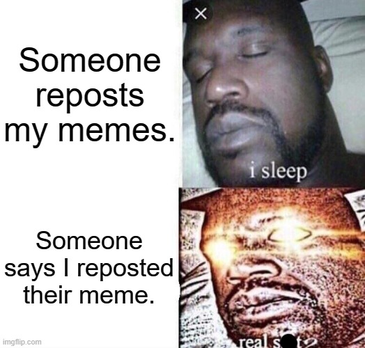 I don't really care if anyone reposts my memes... | Someone reposts my memes. Someone says I reposted their meme. | image tagged in memes,i sleep real shit,reposts,meme,i don't care | made w/ Imgflip meme maker