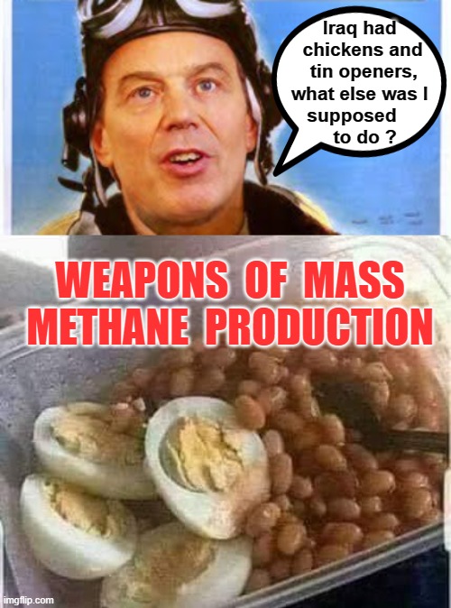 Weapons of Mass Methane Production | Iraq had         
chickens and    
tin openers,     
what else was I   
supposed         
to do ? WEAPONS  OF  MASS
METHANE  PRODUCTION | image tagged in tony blair | made w/ Imgflip meme maker