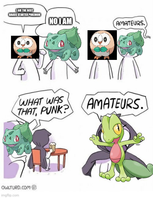 Pokemon grass starters | I AM THE BEST GRASS STARTER POKEMON; NO I AM | image tagged in ametures,pokemon,memes | made w/ Imgflip meme maker