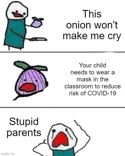 #NoMasksInClass really pissed me off on twitter | This onion won't make me cry; Your child needs to wear a mask in the classroom to reduce risk of COVID-19; Stupid parents | image tagged in this onion won't make me cry,memes | made w/ Imgflip meme maker