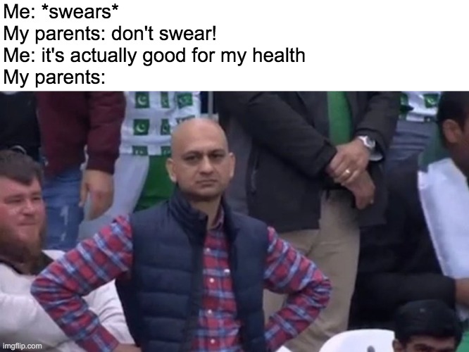 disapointed guy | Me: *swears*
My parents: don't swear!
Me: it's actually good for my health
My parents: | image tagged in disapointed guy | made w/ Imgflip meme maker