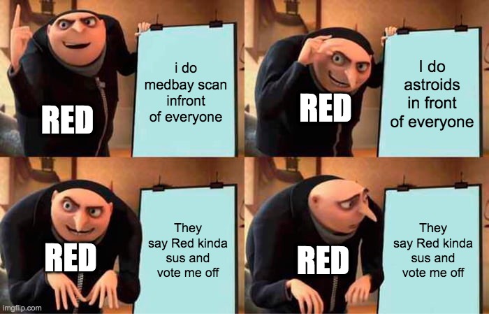 Gru's Plan Meme | i do medbay scan infront of everyone; I do astroids in front of everyone; RED; RED; They say Red kinda sus and vote me off; They say Red kinda sus and vote me off; RED; RED | image tagged in memes,gru's plan | made w/ Imgflip meme maker