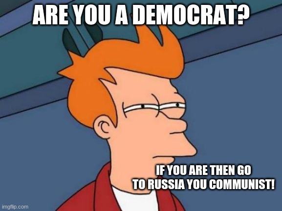 Futurama Fry | ARE YOU A DEMOCRAT? IF YOU ARE THEN GO TO RUSSIA YOU COMMUNIST! | image tagged in memes,futurama fry | made w/ Imgflip meme maker