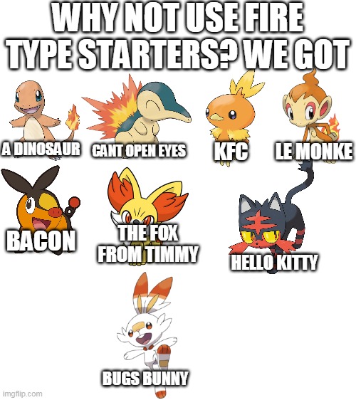 fire starters be like | WHY NOT USE FIRE TYPE STARTERS? WE GOT; A DINOSAUR; CANT OPEN EYES; KFC; LE MONKE; THE FOX FROM TIMMY; BACON; HELLO KITTY; BUGS BUNNY | image tagged in blank white template,memes,funny,pokemon | made w/ Imgflip meme maker