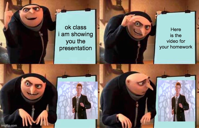 Gru's Plan Meme | ok class i am showing you the presentation; Here is the video for your homework | image tagged in memes,gru's plan | made w/ Imgflip meme maker