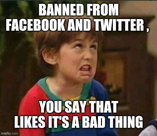 Sarcastic kid | BANNED FROM FACEBOOK AND TWITTER , YOU SAY THAT LIKES IT'S A BAD THING | image tagged in sarcastic kid | made w/ Imgflip meme maker