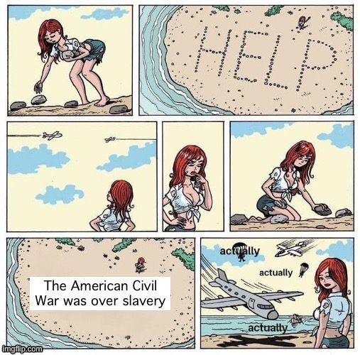 Stranded on desert island help actually | The American Civil War was over slavery | image tagged in stranded on desert island help actually,new template,politics lol,politics,civil war,desert island | made w/ Imgflip meme maker