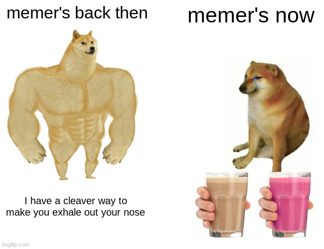 Buff Doge vs. Cheems Meme | memer's back then; memer's now; I have a cleaver way to make you exhale out your nose | image tagged in memes,buff doge vs cheems | made w/ Imgflip meme maker