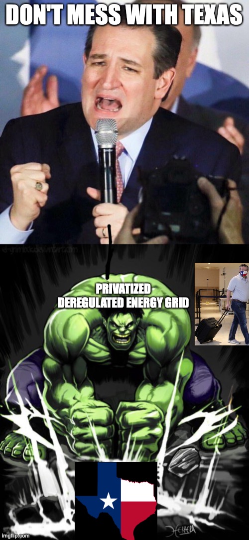 DON'T MESS WITH TEXAS PRIVATIZED DEREGULATED ENERGY GRID | image tagged in ted cruz singing,hulk smash | made w/ Imgflip meme maker