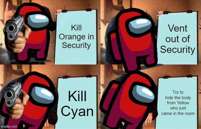 Gru's Plan | Kill Orange in Security; Vent out of Security; Kill Cyan; Try to hide the body from Yellow who just came in the room | image tagged in memes,gru's plan,among us | made w/ Imgflip meme maker