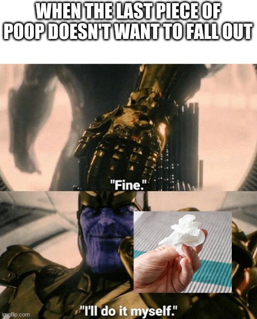 Fine I'll do it myself | WHEN THE LAST PIECE OF POOP DOESN'T WANT TO FALL OUT | image tagged in fine i'll do it myself | made w/ Imgflip meme maker