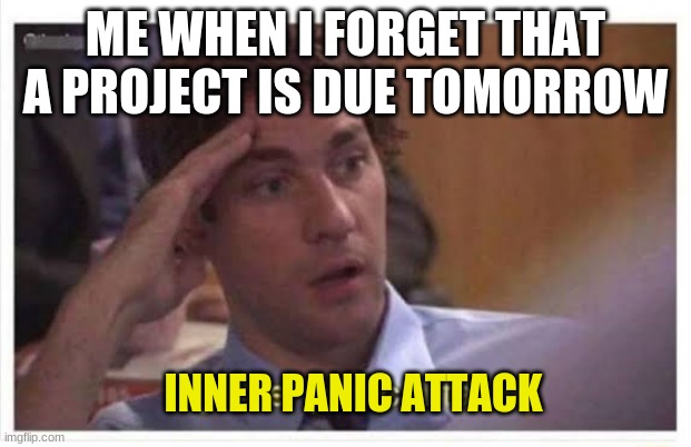 This is self explanatory | ME WHEN I FORGET THAT A PROJECT IS DUE TOMORROW; INNER PANIC ATTACK | image tagged in jim halpert panic | made w/ Imgflip meme maker