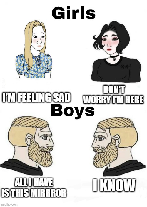 Girls vs Boys | I'M FEELING SAD; DON'T WORRY I'M HERE; I KNOW; ALL I HAVE IS THIS MIRRROR | image tagged in girls vs boys,boys vs girls | made w/ Imgflip meme maker