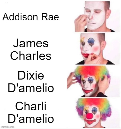 Clown Applying Makeup | Addison Rae; James Charles; Dixie D'amelio; Charli D'amelio | image tagged in memes,clown applying makeup | made w/ Imgflip meme maker