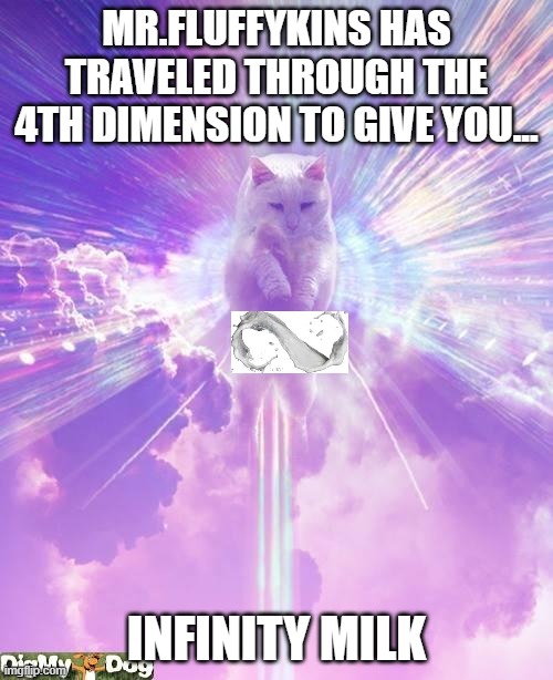 gOd SpEeD mY SoN | MR.FLUFFYKINS HAS TRAVELED THROUGH THE 4TH DIMENSION TO GIVE YOU... INFINITY MILK | image tagged in god cat | made w/ Imgflip meme maker