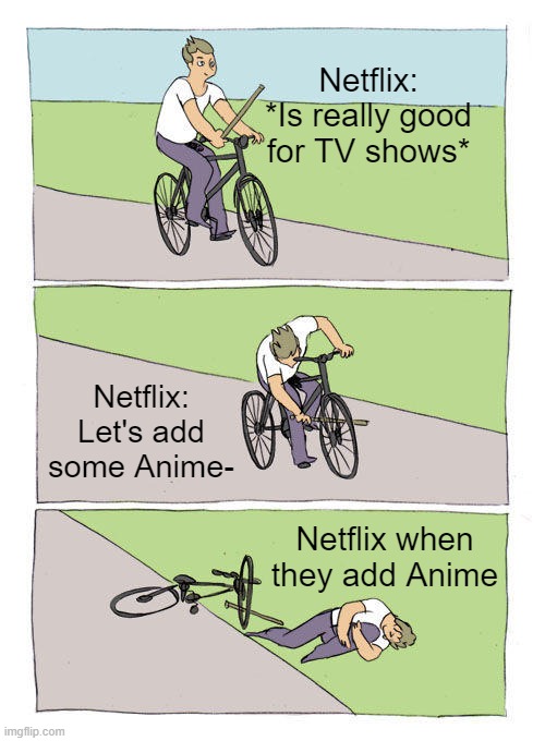 Netflix slacks at Anime ngl | Netflix: *Is really good for TV shows*; Netflix: Let's add some Anime-; Netflix when they add Anime | image tagged in memes,bike fall | made w/ Imgflip meme maker