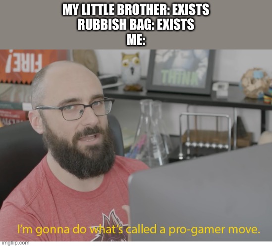 Lel | MY LITTLE BROTHER: EXISTS
RUBBISH BAG: EXISTS
ME: | image tagged in i'm gonna do what's called a pro-gamer move,rubbish,garbage,little brother,memes,why are you reading this | made w/ Imgflip meme maker