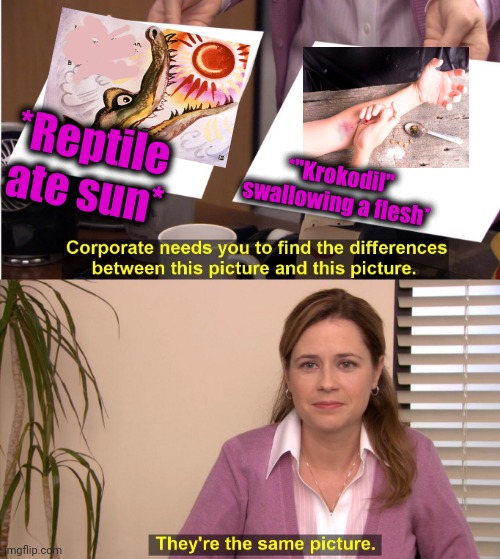 -Fairytake. | *Reptile ate sun*; *"Krokodil" swallowing a flesh* | image tagged in memes,they're the same picture,meat,excuse me wtf blank template,don't do drugs,fairy tail | made w/ Imgflip meme maker