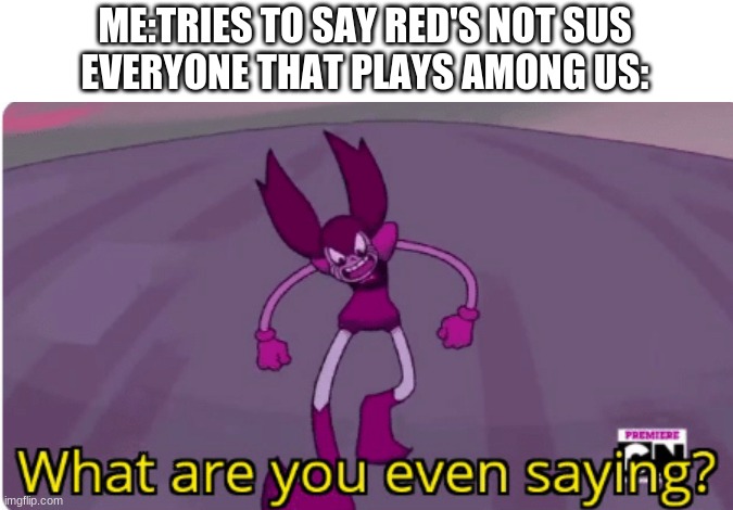 among us memes #1 | ME:TRIES TO SAY RED'S NOT SUS
EVERYONE THAT PLAYS AMONG US: | image tagged in spinel | made w/ Imgflip meme maker