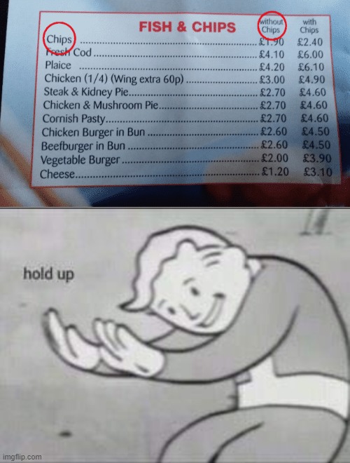 Wait... what? | image tagged in fish and chips,fallout hold up | made w/ Imgflip meme maker