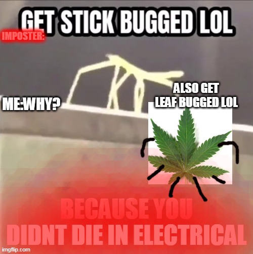 among us (get stick bugged and leaf bugged) | IMPOSTER:; ALSO GET LEAF BUGGED LOL; ME:WHY? BECAUSE YOU DIDNT DIE IN ELECTRICAL | image tagged in get stick bugged lol | made w/ Imgflip meme maker
