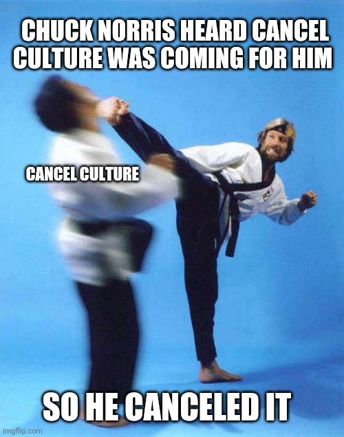 Canceled cancel culture | CHUCK NORRIS HEARD CANCEL CULTURE WAS COMING FOR HIM; CANCEL CULTURE; SO HE CANCELED IT | image tagged in roundhouse kick chuck norris | made w/ Imgflip meme maker