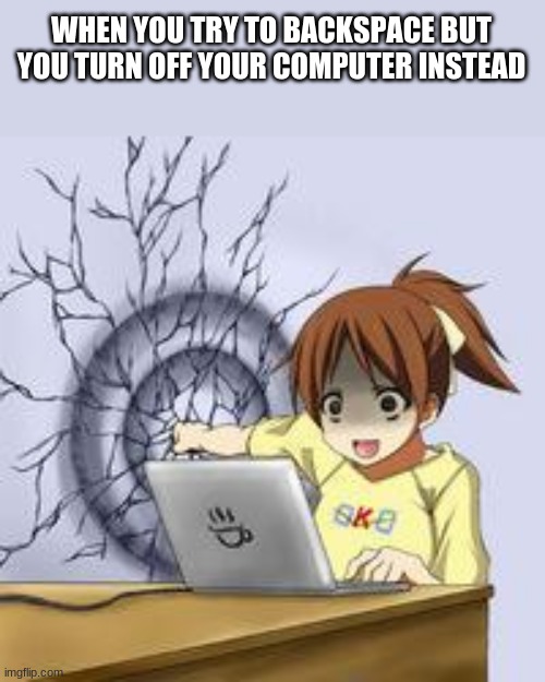 Anime wall punch | WHEN YOU TRY TO BACKSPACE BUT YOU TURN OFF YOUR COMPUTER INSTEAD | image tagged in anime wall punch | made w/ Imgflip meme maker