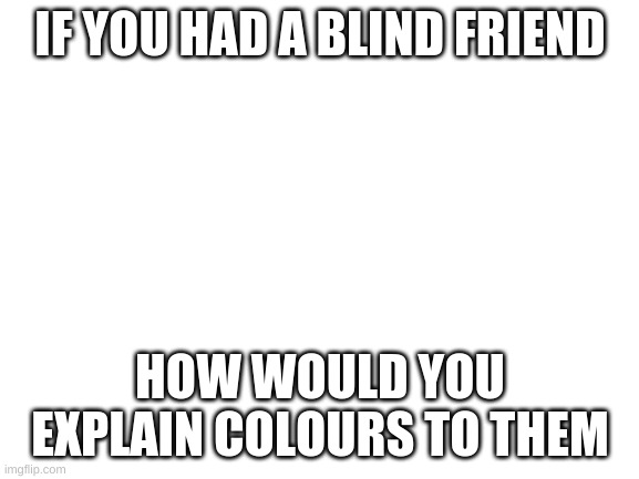 comment plz | IF YOU HAD A BLIND FRIEND; HOW WOULD YOU EXPLAIN COLOURS TO THEM | image tagged in blank white template | made w/ Imgflip meme maker