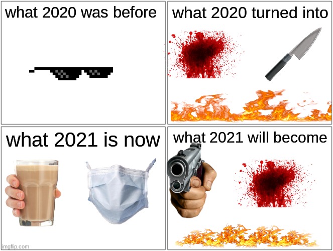 2020-2021 | what 2020 was before; what 2020 turned into; what 2021 is now; what 2021 will become | image tagged in memes,blank comic panel 2x2 | made w/ Imgflip meme maker