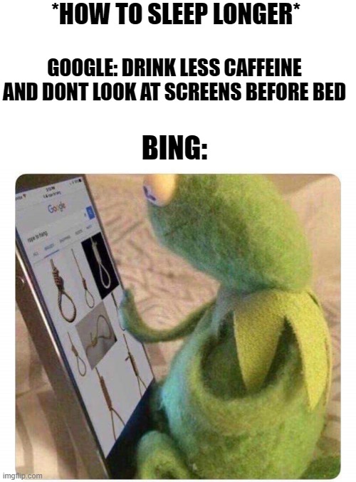*HOW TO SLEEP LONGER*; GOOGLE: DRINK LESS CAFFEINE AND DONT LOOK AT SCREENS BEFORE BED; BING: | image tagged in memes,blank transparent square,noose shopping | made w/ Imgflip meme maker