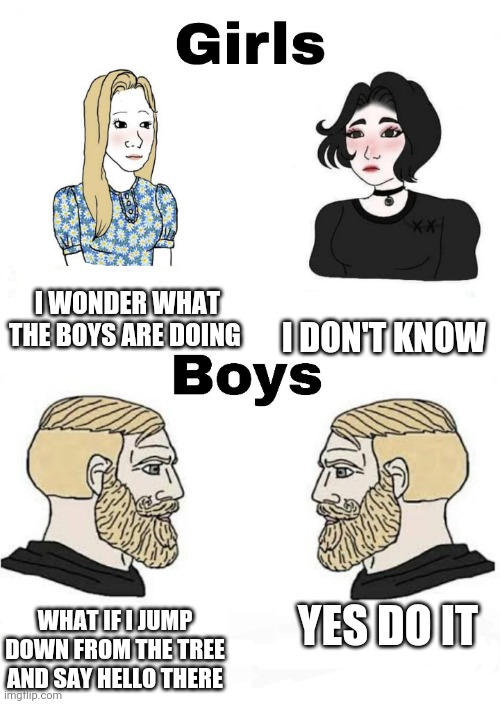 Girls vs Boys | I WONDER WHAT THE BOYS ARE DOING; I DON'T KNOW; YES DO IT; WHAT IF I JUMP DOWN FROM THE TREE AND SAY HELLO THERE | image tagged in girls vs boys,boys vs girls | made w/ Imgflip meme maker