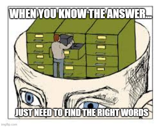 Checking the Files | WHEN YOU KNOW THE ANSWER... JUST NEED TO FIND THE RIGHT WORDS | image tagged in answer,memory | made w/ Imgflip meme maker