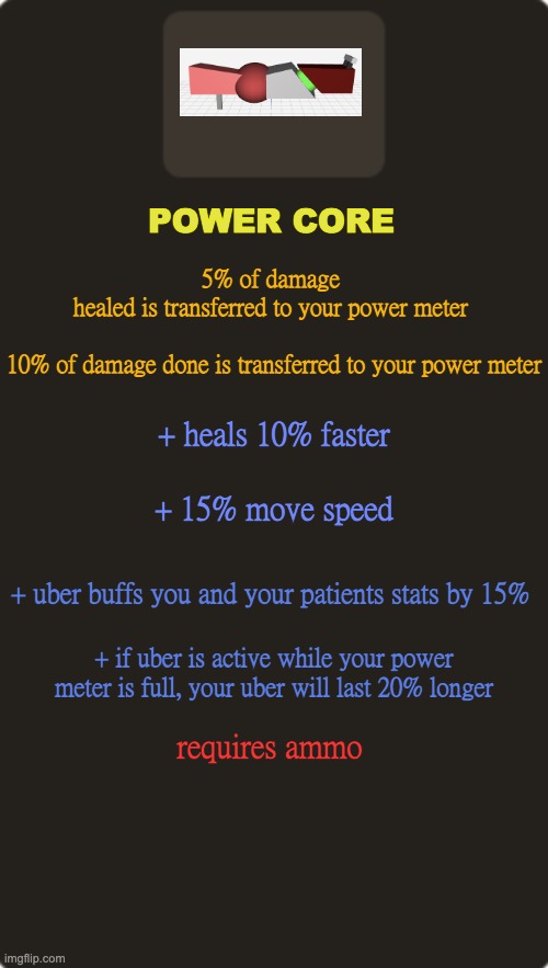 tf2 custom weapon template 1 | POWER CORE; 5% of damage 
healed is transferred to your power meter; 10% of damage done is transferred to your power meter; + heals 10% faster; + 15% move speed; + uber buffs you and your patients stats by 15%; + if uber is active while your power meter is full, your uber will last 20% longer; requires ammo | image tagged in tf2 custom weapon template 1 | made w/ Imgflip meme maker